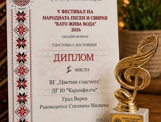 First place at the V Folk Song and Instrumental Music Festival „Kato Zhiva Voda“ – 2026, Suvorovo.